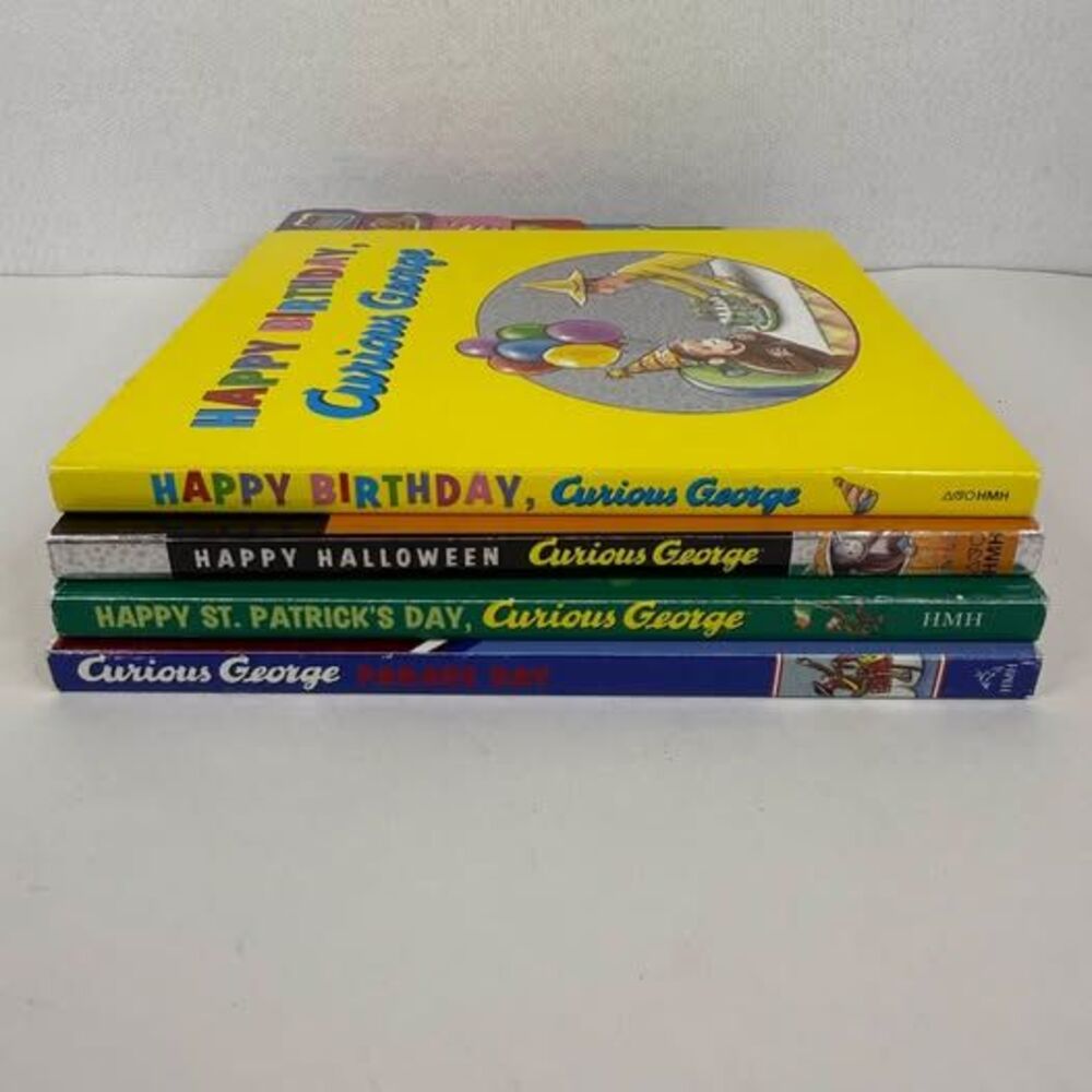 Set of 4 Curious George Holiday Books Birthday Halloween July 4 St. Patty